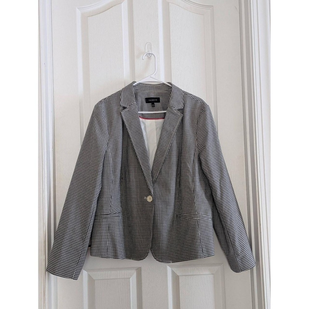 Talbots Womens 18 Black White Gingham Blazer Notched Collar Work Classic